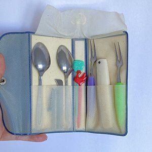 c1960 Kimora Camera Retro Roll-Up Mini Cocktail Cutlery Set Forks Spoons Knife